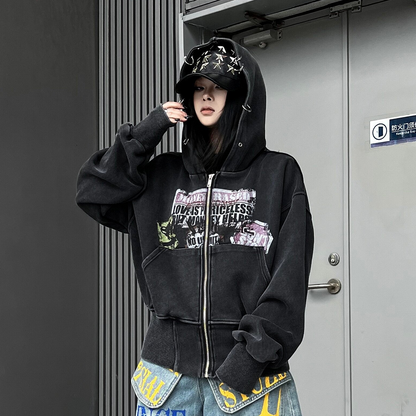 Cropped Washed Zip-Up Hoodie WN24189