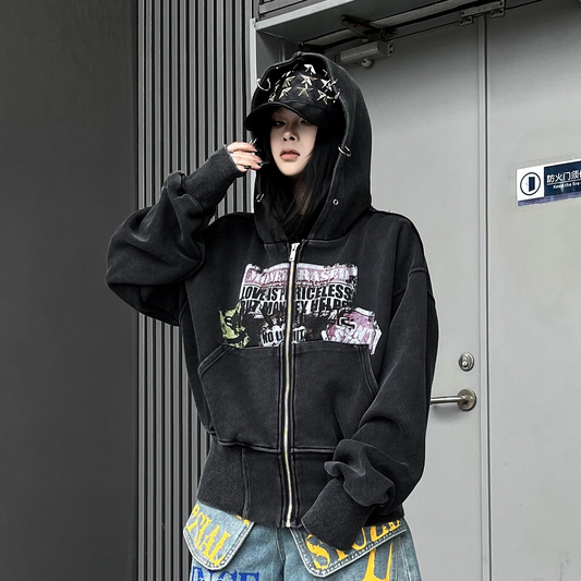 Cropped Washed Zip-Up Hoodie WN24189