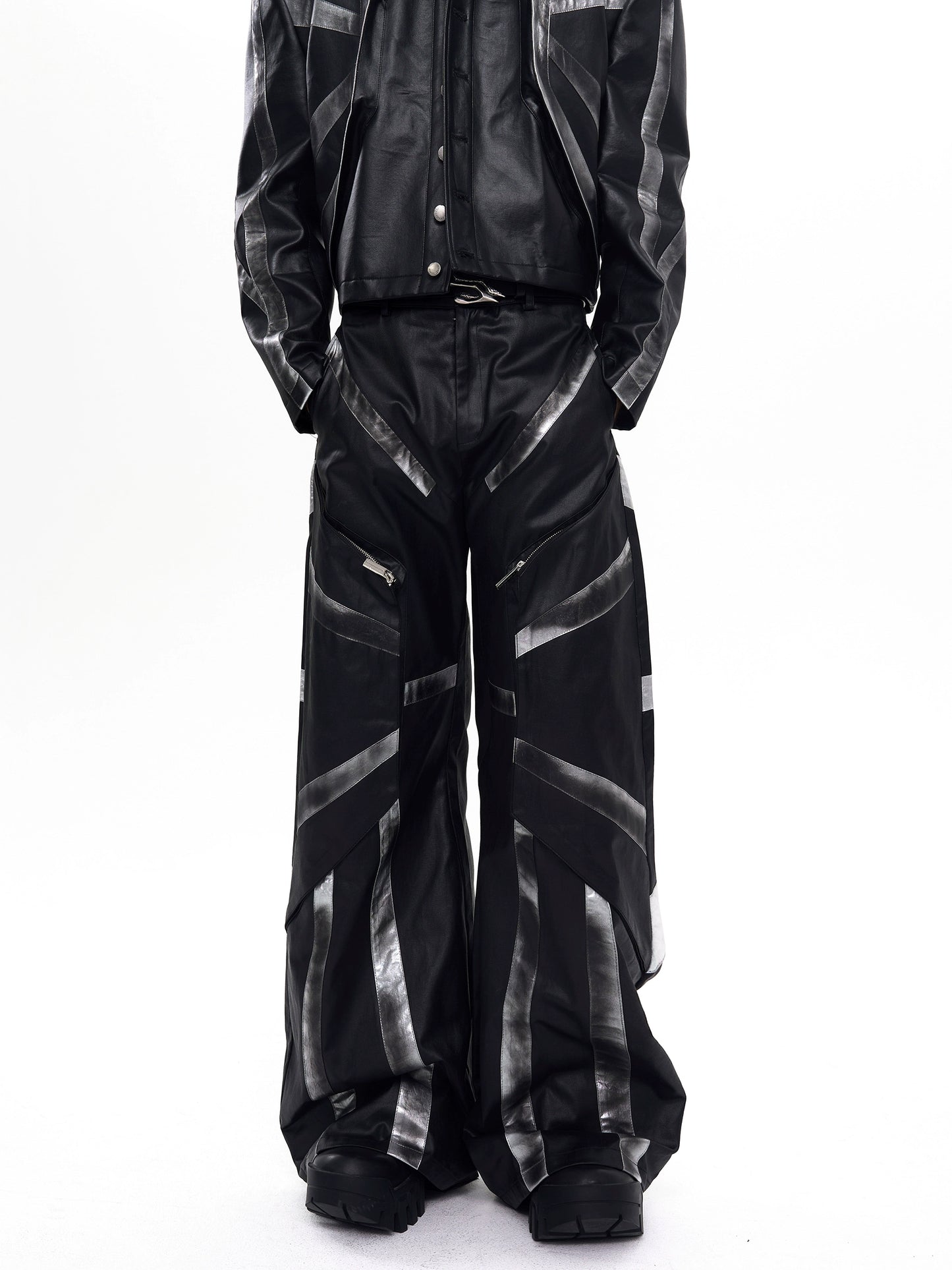 Patchwork Oversize PU Leather Jacket & PU Leather Pants Setup WN20510