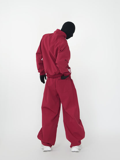 Three-Stripe Stand Neck Water-Repellent Jacket & Curved Wide Leg Pants Setup WN24142