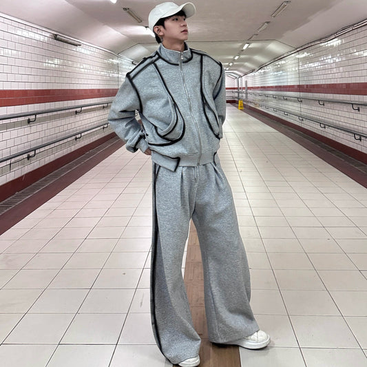 Standing-Collar Contrast Shoulder-pad Jacket & Sporty Wide Leg Sweatpants Setup WN25258