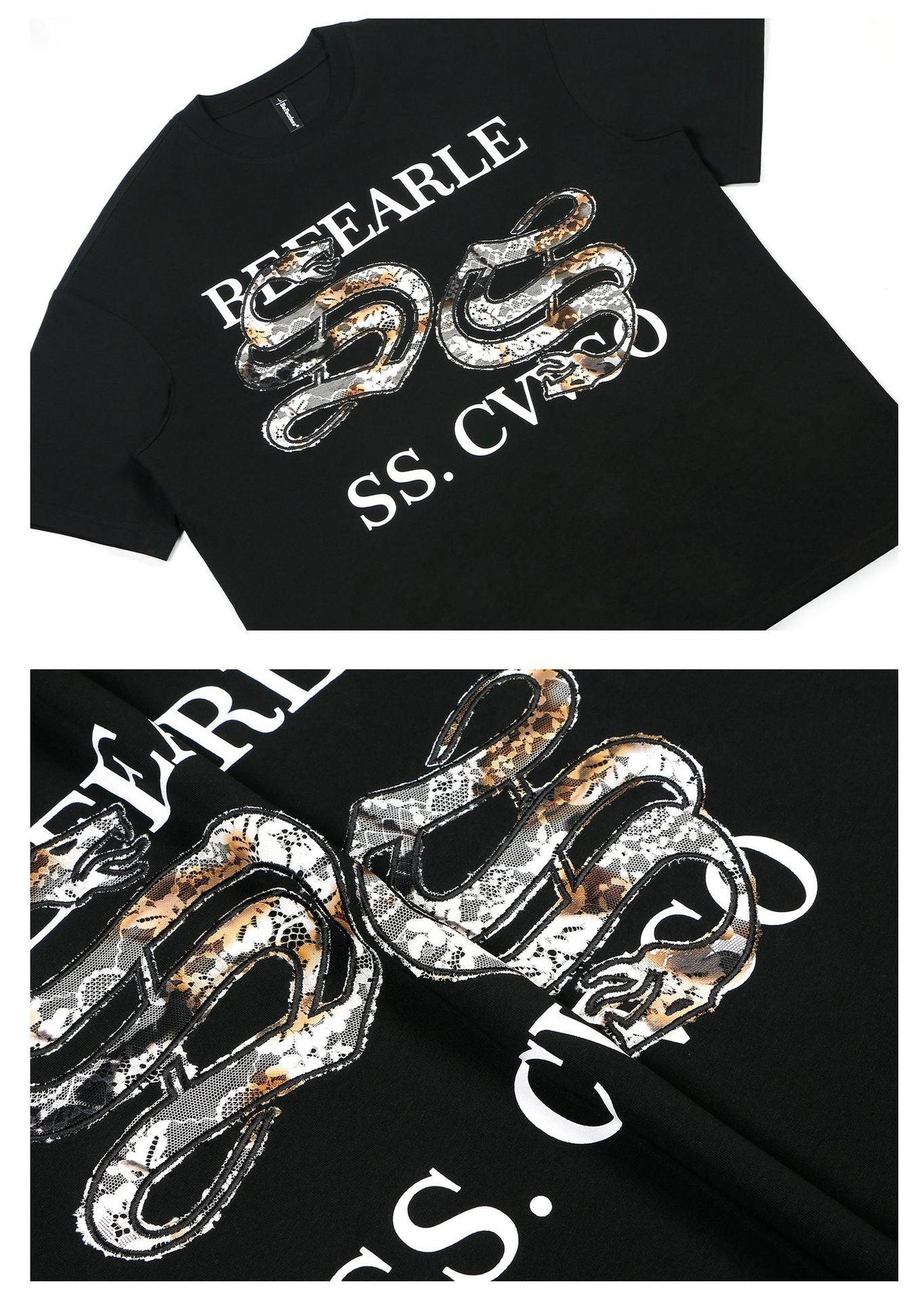 Snake Graphic Lace Embroidery Oversize Short Sleeve T-Shirt WN26341