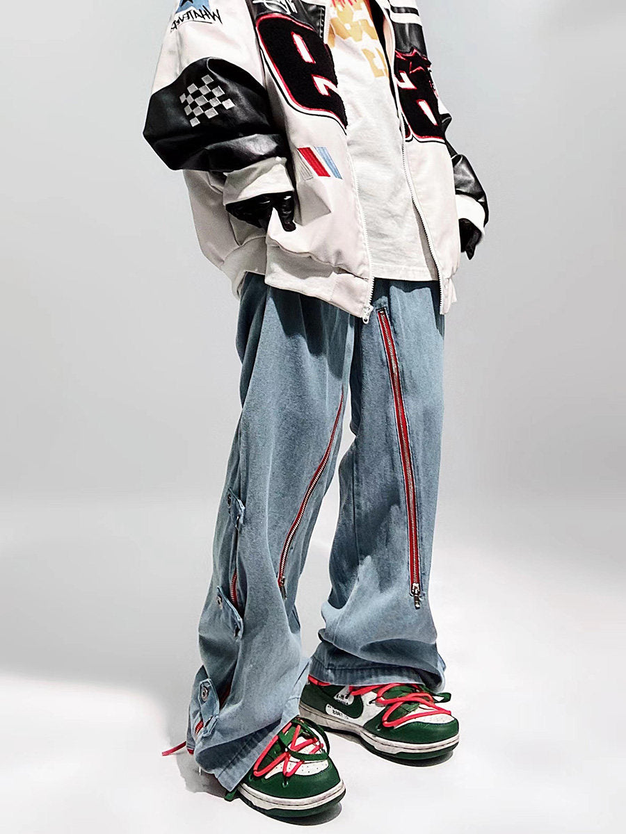 Zipper Strap Multi Pocket Wide Leg Denim Jeans WN24003