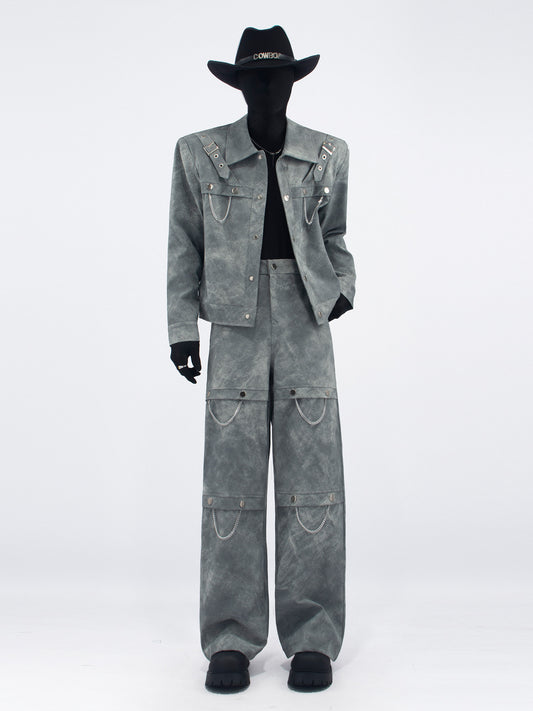 Chain Decor PU Leather Short Jacket & Wide Leg PU Leather Pants Setup WN23678