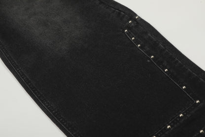 Washed Studs Detail Wide Leg Denim Jeans WN25403