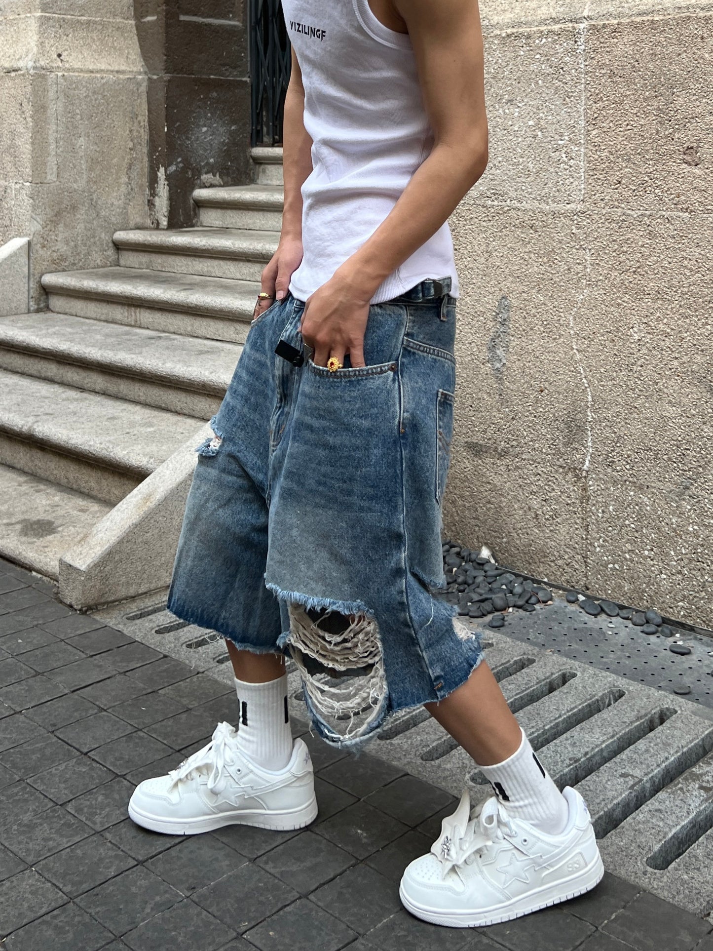 Damage Ripped Wide Leg Denim Half Jeans WN24069