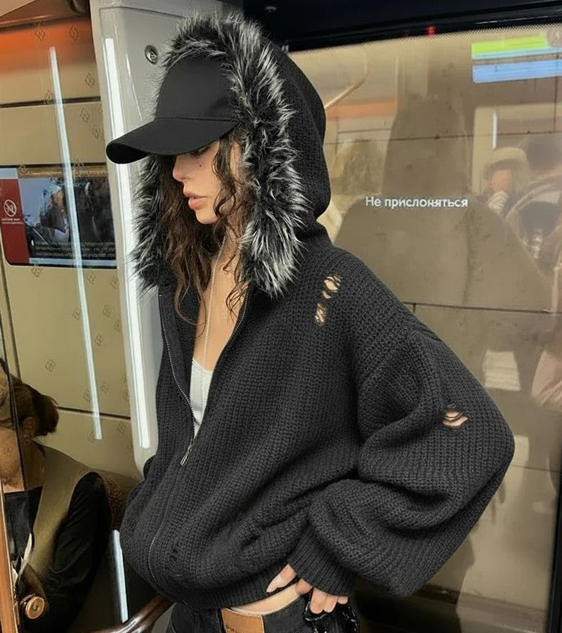Fake Fur Collar Damage Zipper Knit Hoodie WN28100