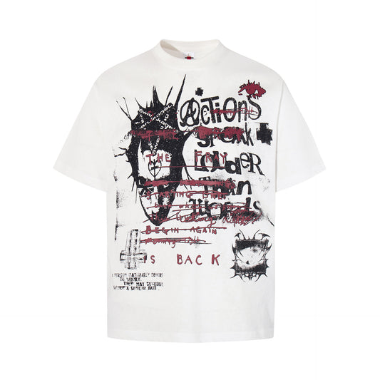 High-Neck Graphic Print Cotton Short Sleeve T-Shirt WN25578