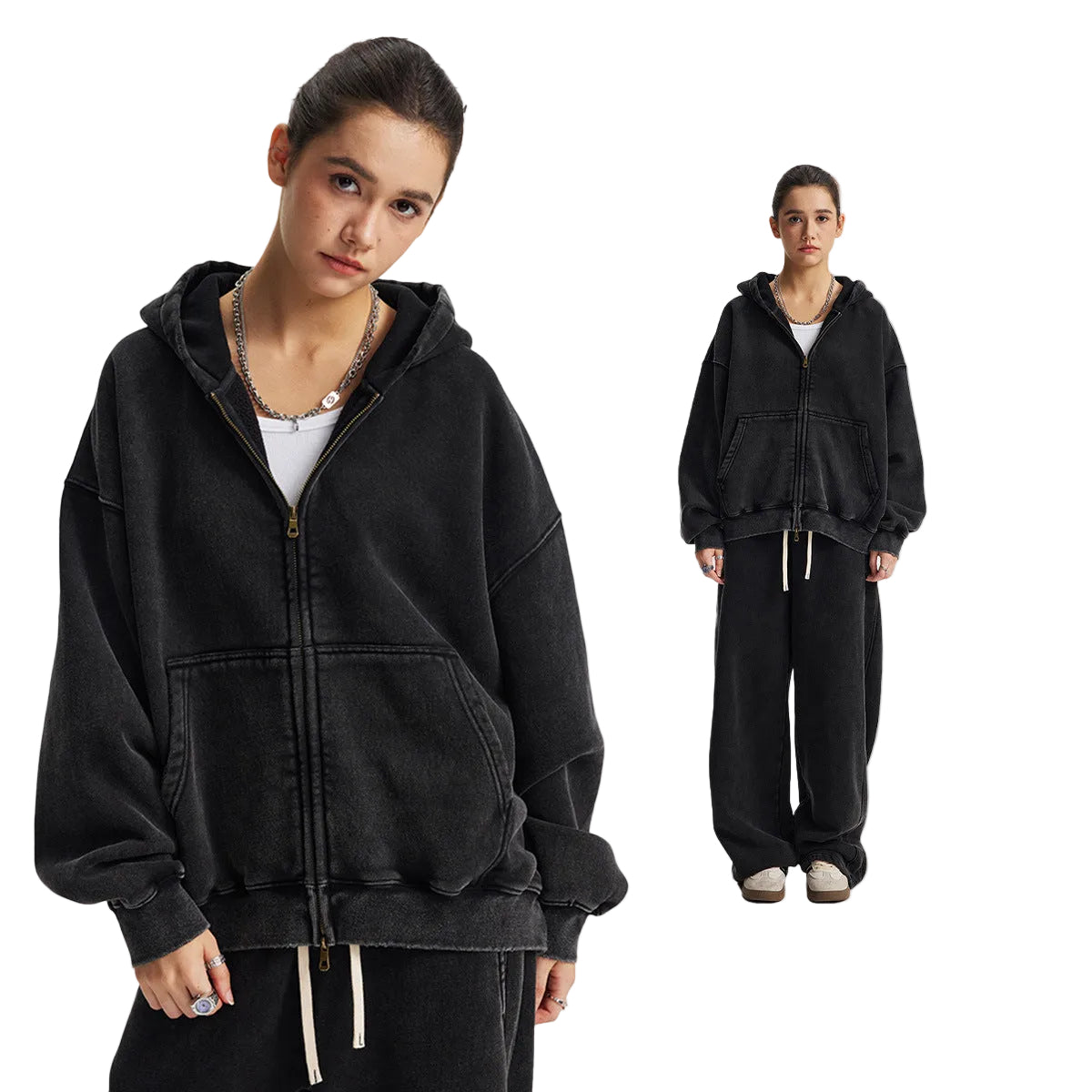 Fleece Lining Zip-Up Wax Dye Zipper Hoodie & Wide Leg Pants Sweatpants WN23112