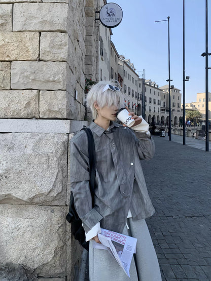 Asymmetrical Button Metal Necktie Long Sleeve Shirt WN19808