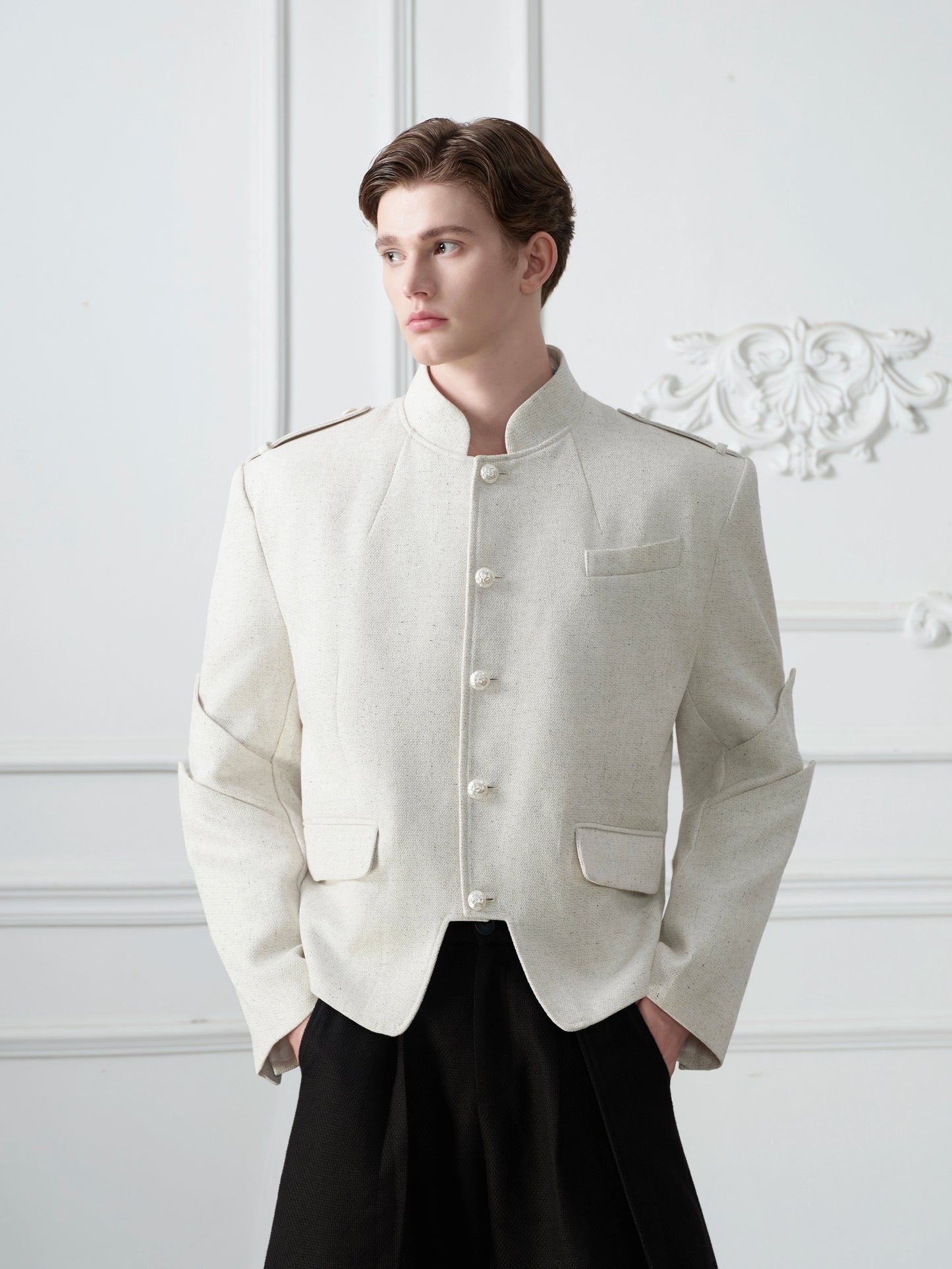 Standing-Collar Pearl Beads Button Tailored Jacket WN21692