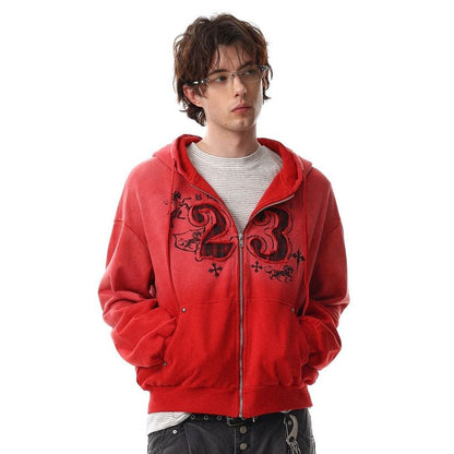 Gradient Number Print Zipper Hoodie WN25524