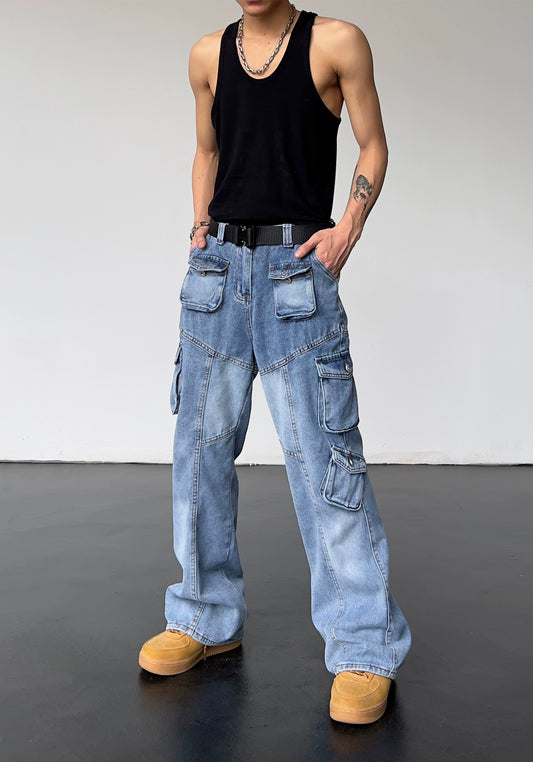 Washed Multiple Pocket Workwear Denim Jeans WN5690