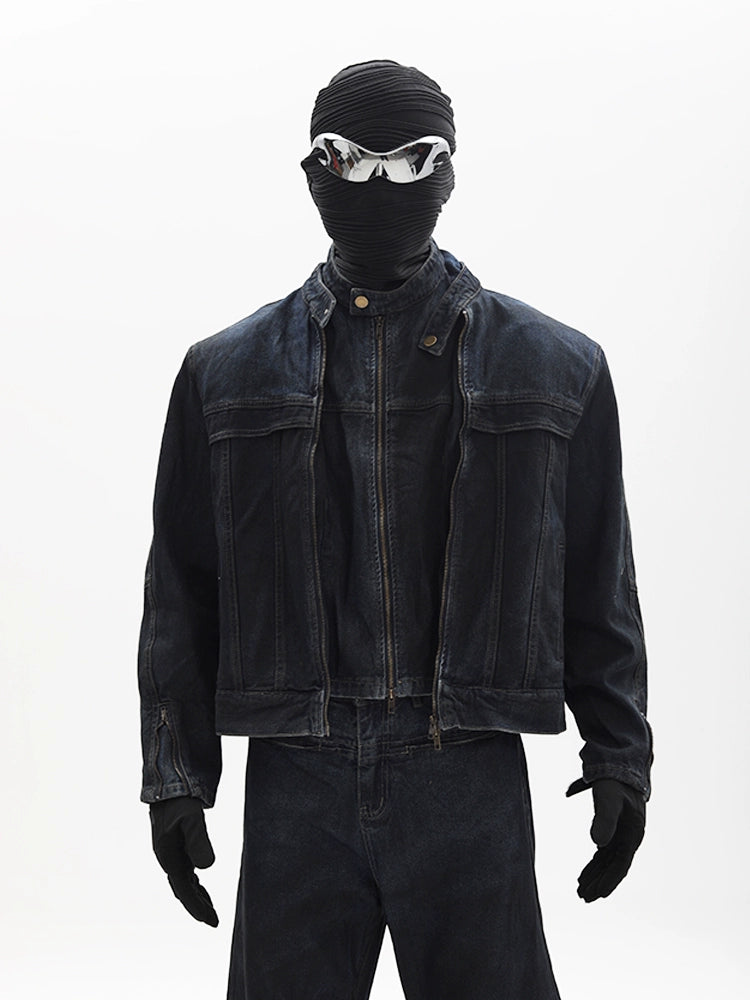 Fake Layered Zipper Denim Jacket & Denim Jeans Setup WN18670