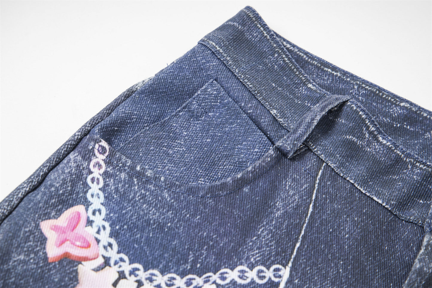 3D Chain Print Curved Leg Cropped Denim Pants WN26838