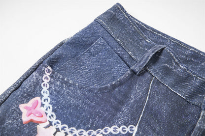 3D Chain Print Curved Leg Cropped Denim Pants WN26838