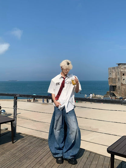 Letter Print Oversize Short Sleeve Shirt WN19918