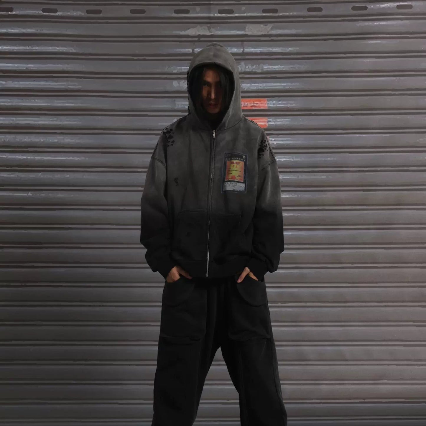 Washed Embroidery Overse Zipper Hoodie WN19070