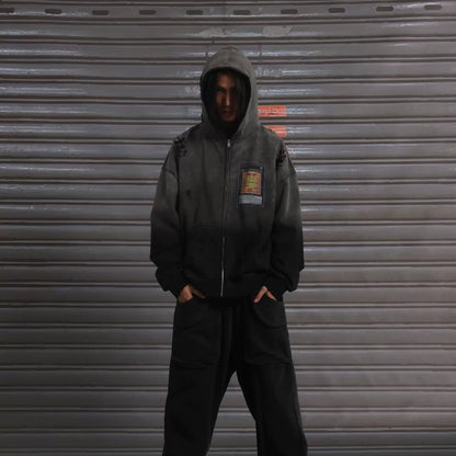 Washed Embroidery Overse Zipper Hoodie WN19070