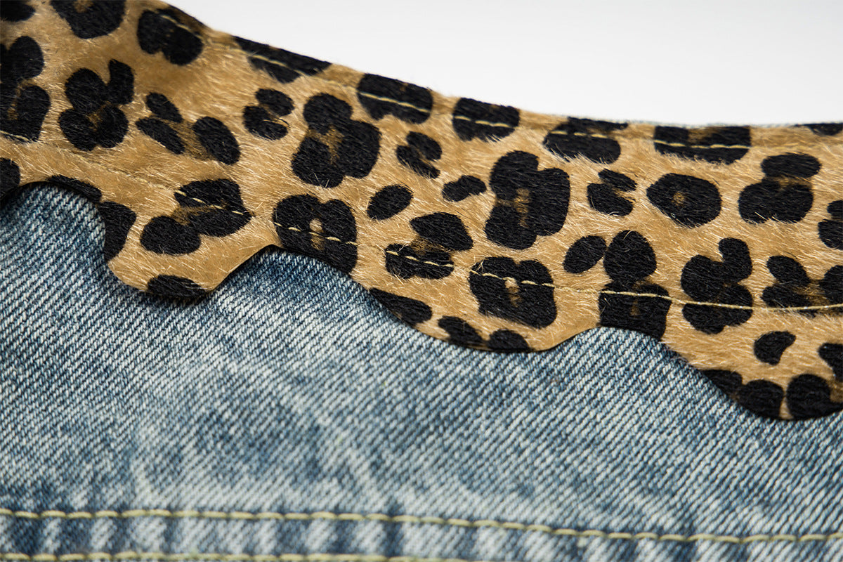 Leopard Print Damage Half Denim Jeans WN25462