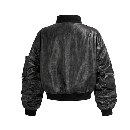 Standing-Collar Zip-Up Pocket PU Leather Jacket WN23085