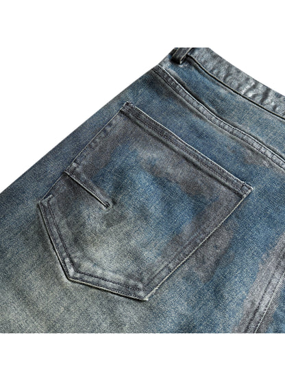 3D Whisker Washed Coating Straight Denim Jeans WN27083