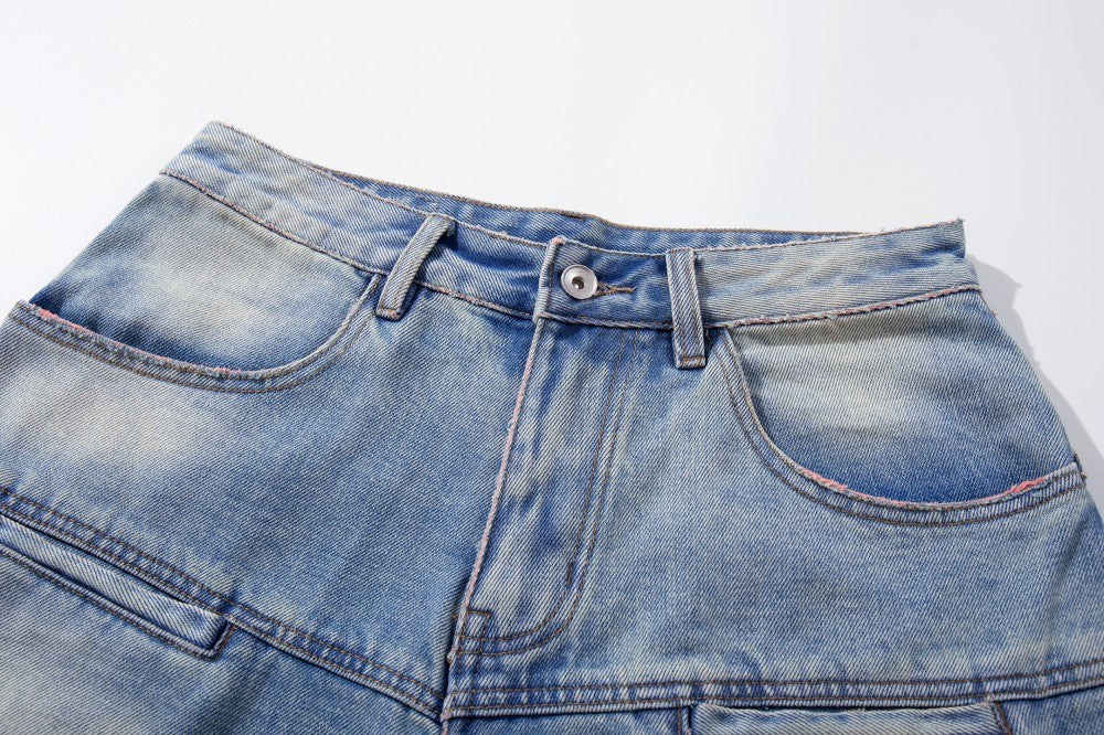 Washed Damage Graphic Denim Half Jeans WN28002