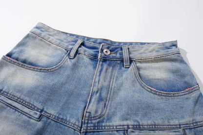 Washed Damage Graphic Denim Half Jeans WN28002