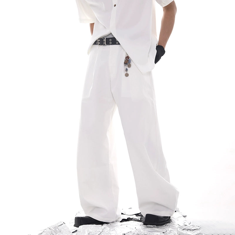 Pin Decor Curved Hem Wide Leg Straight Trousers WN18635