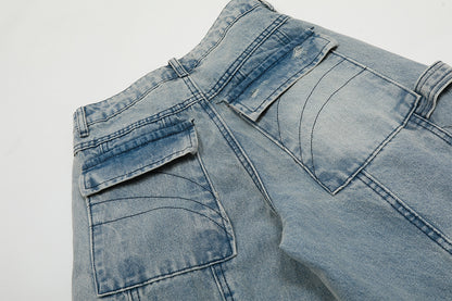 Washed Curved Multi Pocket Wide Leg Cargo Denim Jeans WN25736
