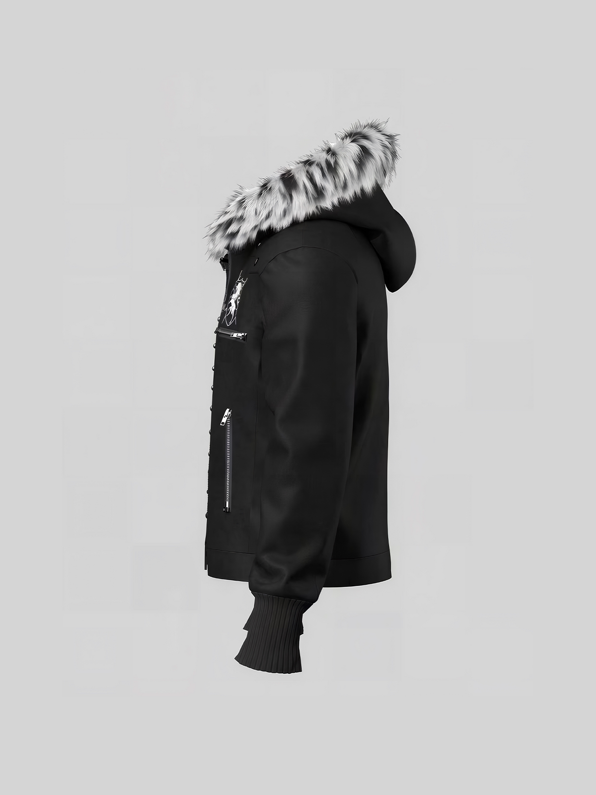 Leopard Fake Fur Collar Shield Emblem Hooded Jacket WN27112