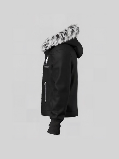Leopard Fake Fur Collar Shield Emblem Hooded Jacket WN27112