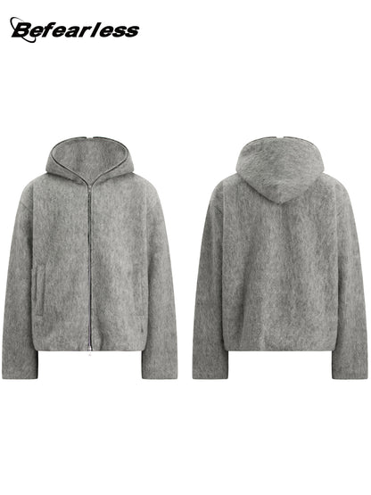 Wool Blend Zipper Knit Hooded Cardigan WN23588