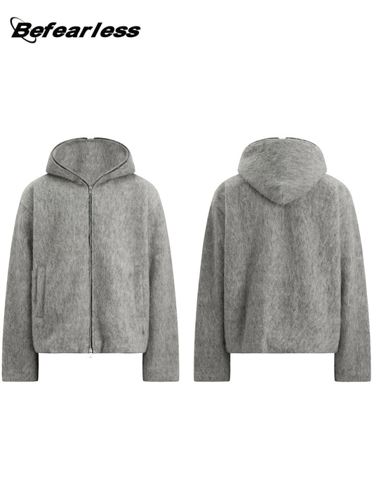 Wool Blend Zipper Knit Hooded Cardigan WN23588