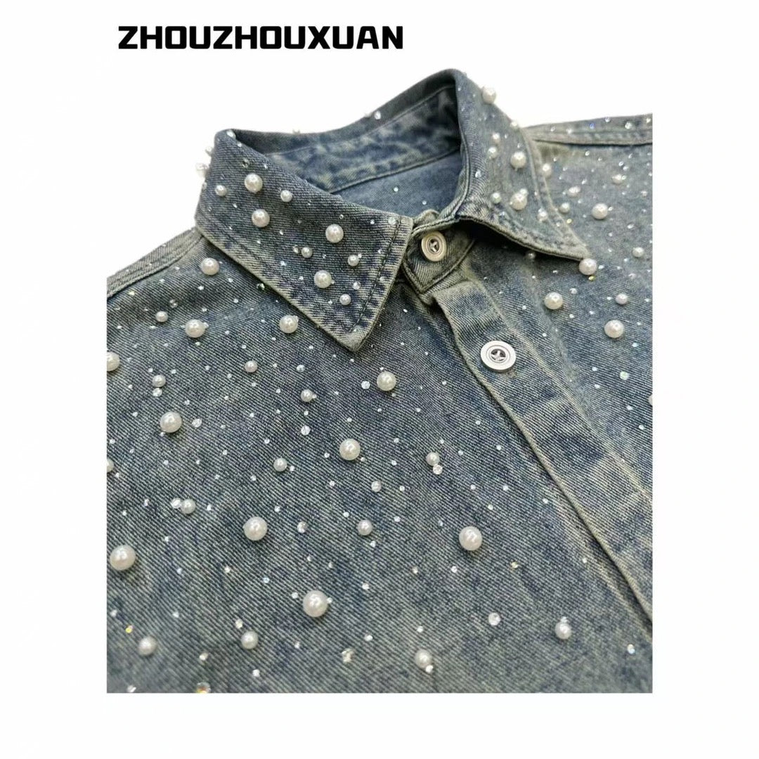 Pearl Decoration Wash Short Sleeve Denim Shirt WN20711