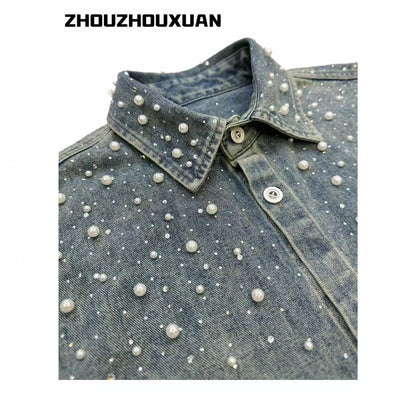 Pearl Decoration Wash Short Sleeve Denim Shirt WN20711