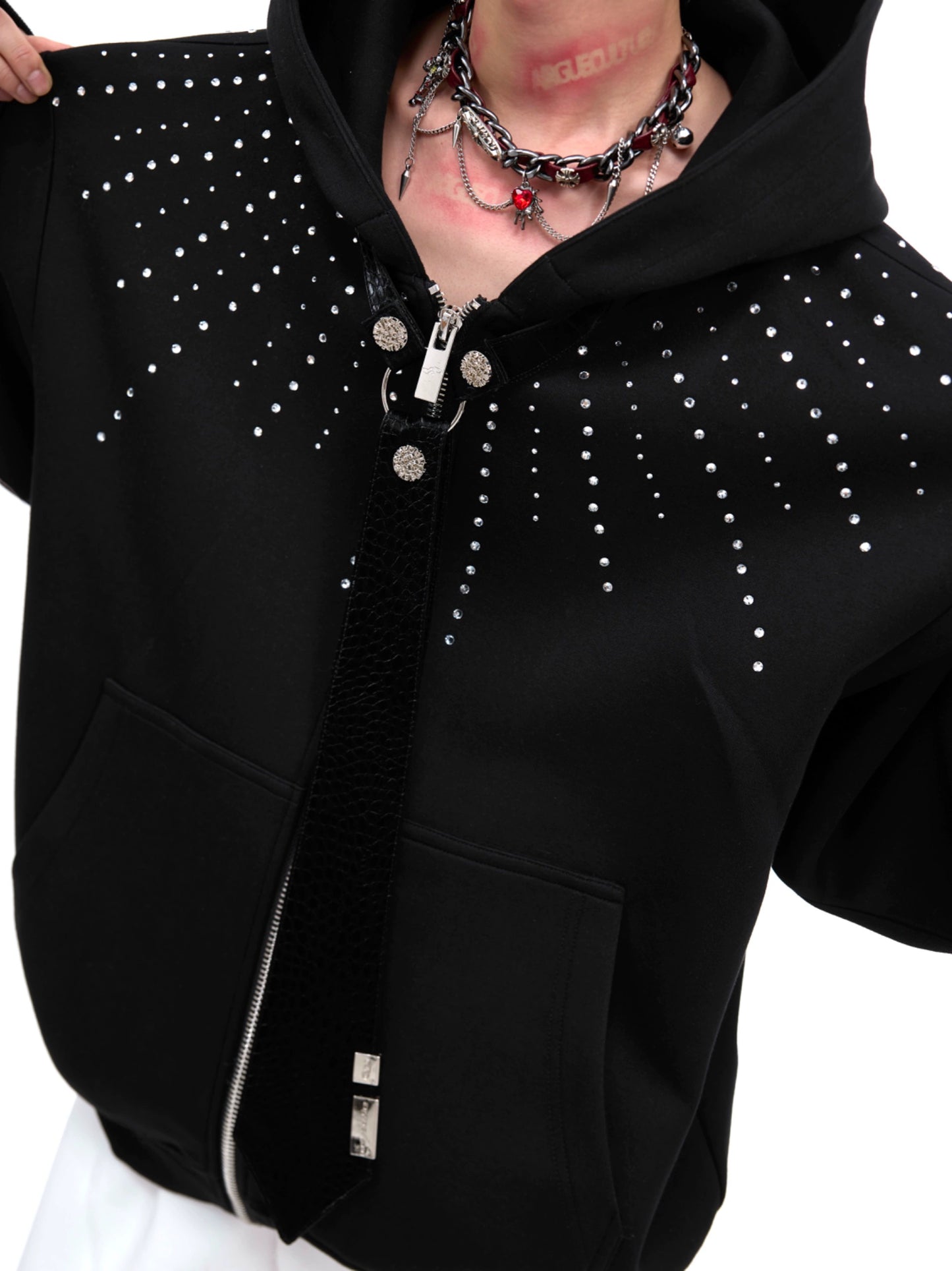 Studs Design Zipper Hoodie with Tie WN8048