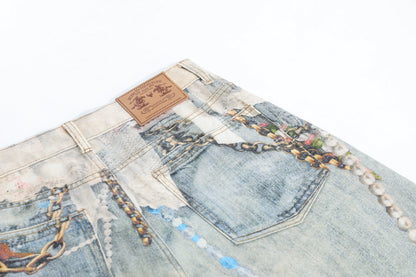 Pearl Chain Collage Print Denim Half Jeans WN25425