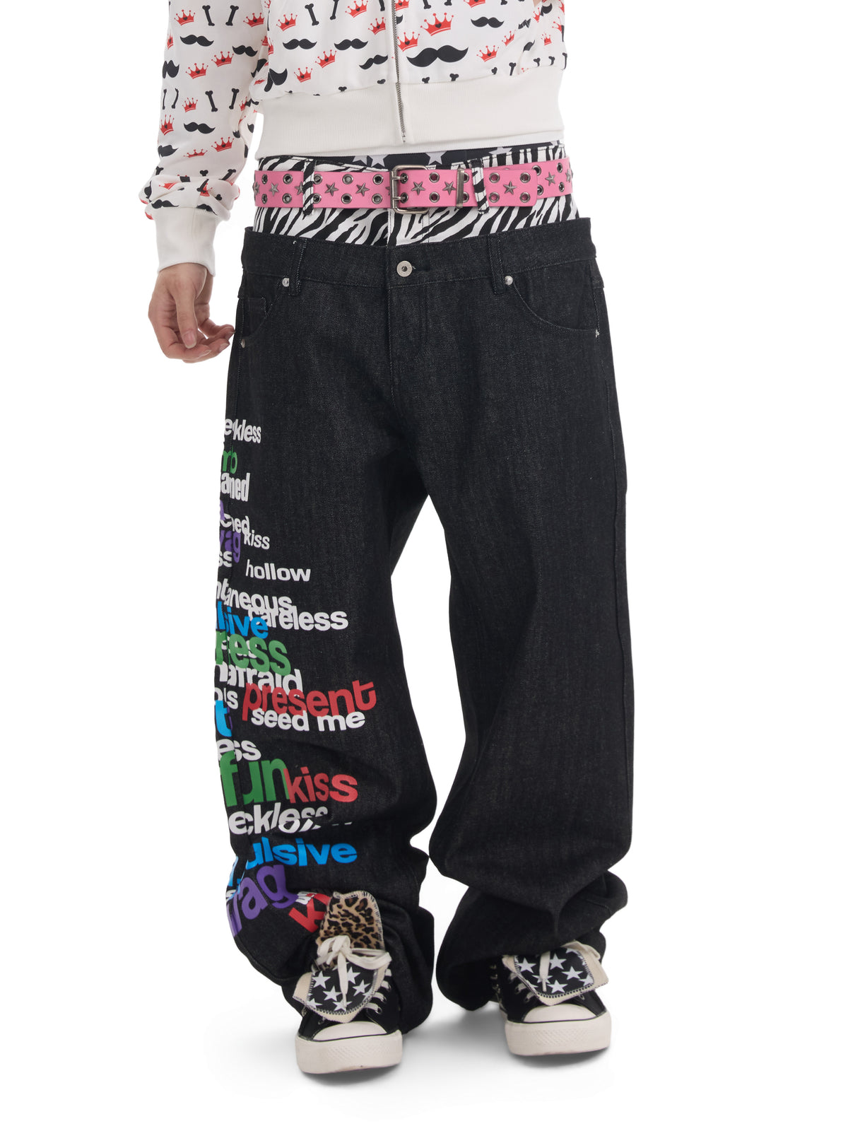 Double Waist Zebra Letter Print Wide Leg Denim Jeans WN27204