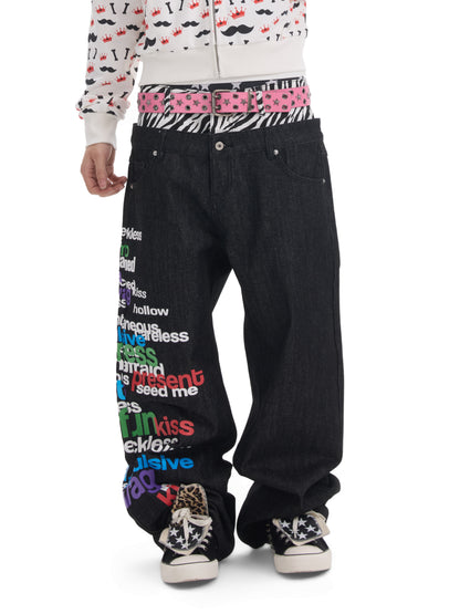Double Waist Zebra Letter Print Wide Leg Denim Jeans WN27204