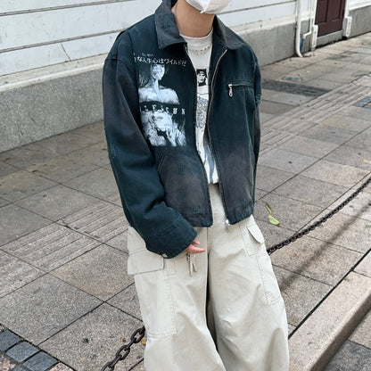 Graphic Print Washed Oversize Short Jacket WN24404
