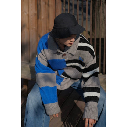 Patchwork Stripe Polo Knit Sweater WN10015