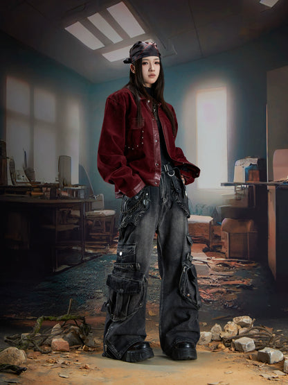 Splicing Multi-Pocket Washed Damage Cargo Denim Jeans WN21334