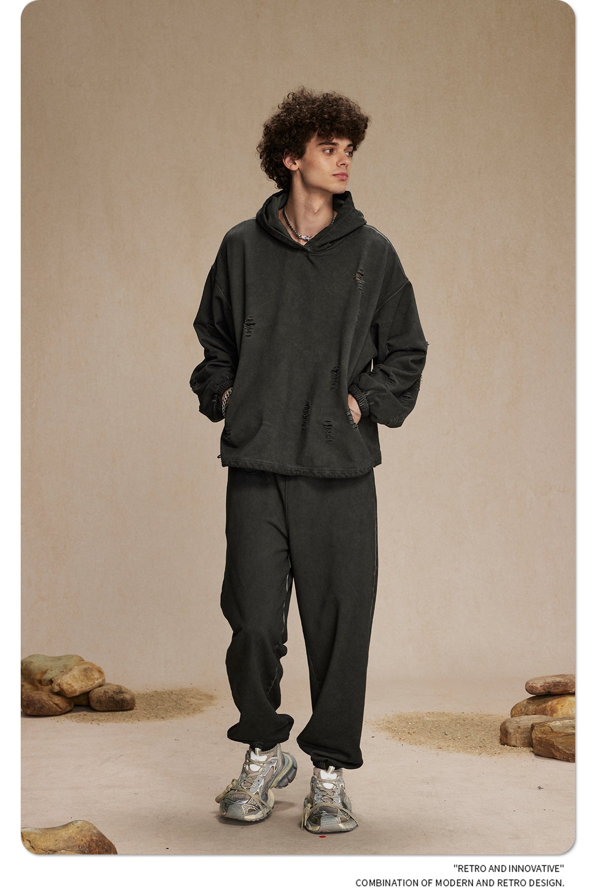 Oversize Drawstring Damage Hoodie WN9974