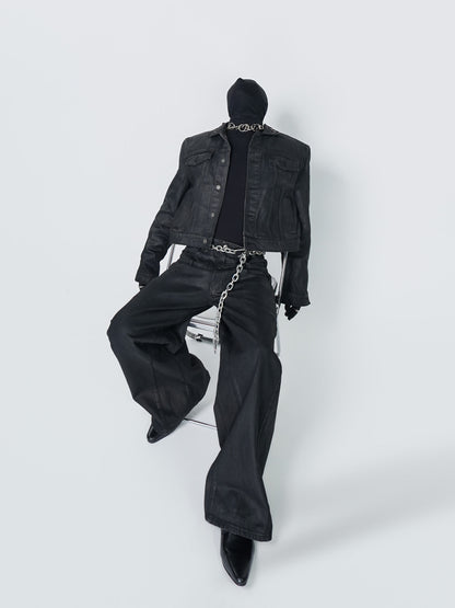 Wax Coated Short Denim Jacket & Wax Coated Wide Leg Denim Jeans Setup WN24302