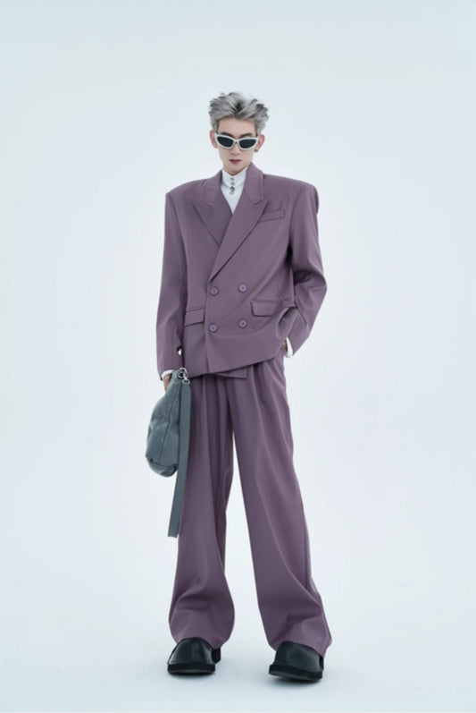 Double-Breasted Tailored Jacket & High-Waist Wide Leg Trousers Setup WN15458