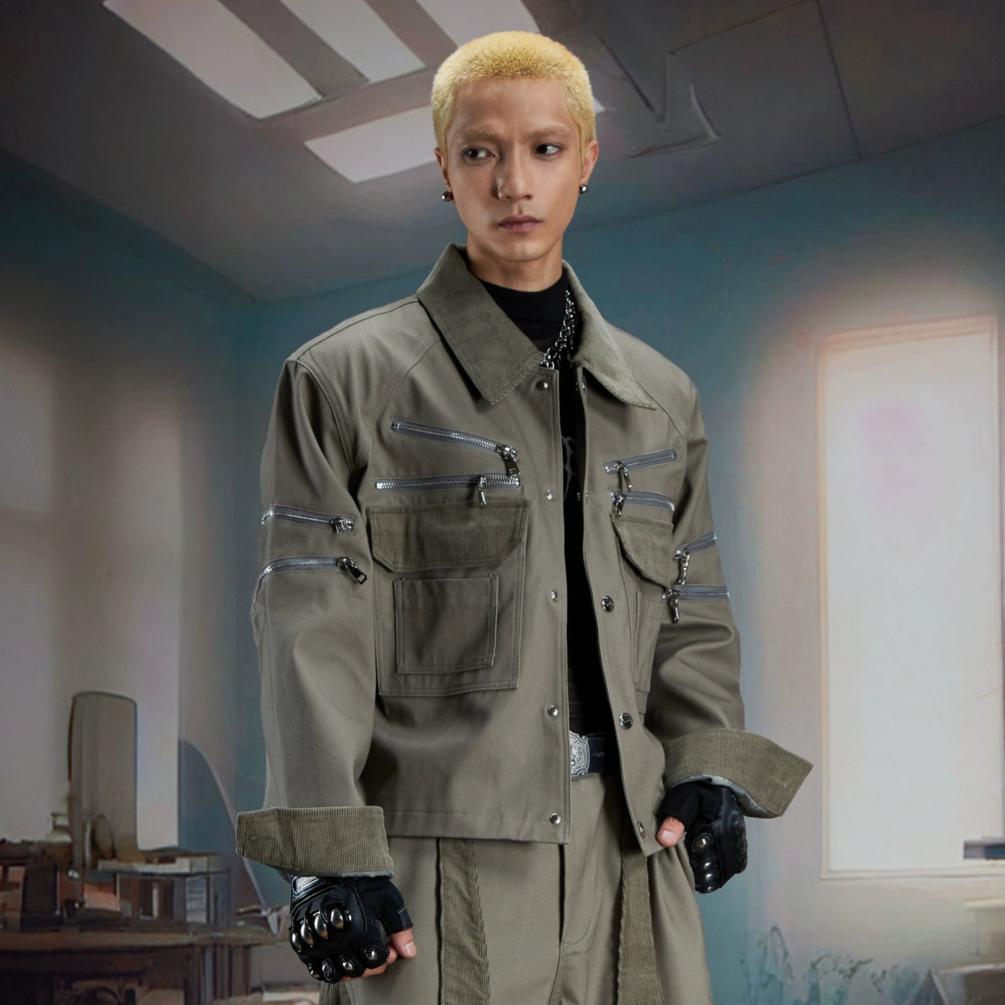 Deconstruction Patchwork Corduroy Zipper Decor Jacket WN21369