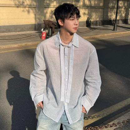 Fake Layered Ribbon Wrinkle Long Sleeve Shirt WN25170