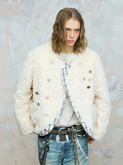 Tweed Plaid Lining Patchwork Fleece Decorated Button Jacket WN17839