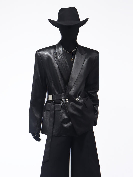 Buckle Decor Shoulder-Pad Tailored Jacket WN23671